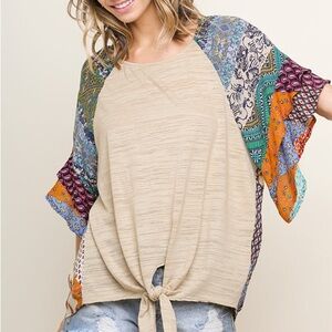 Umgee Heathered Mixed Pattered Knit Top with Tie Front Ruffled Sleeves Large NWT